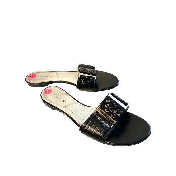 Tahari Black Buckle Flat Slide Slip Sandals 9 - Picture 4 of 11